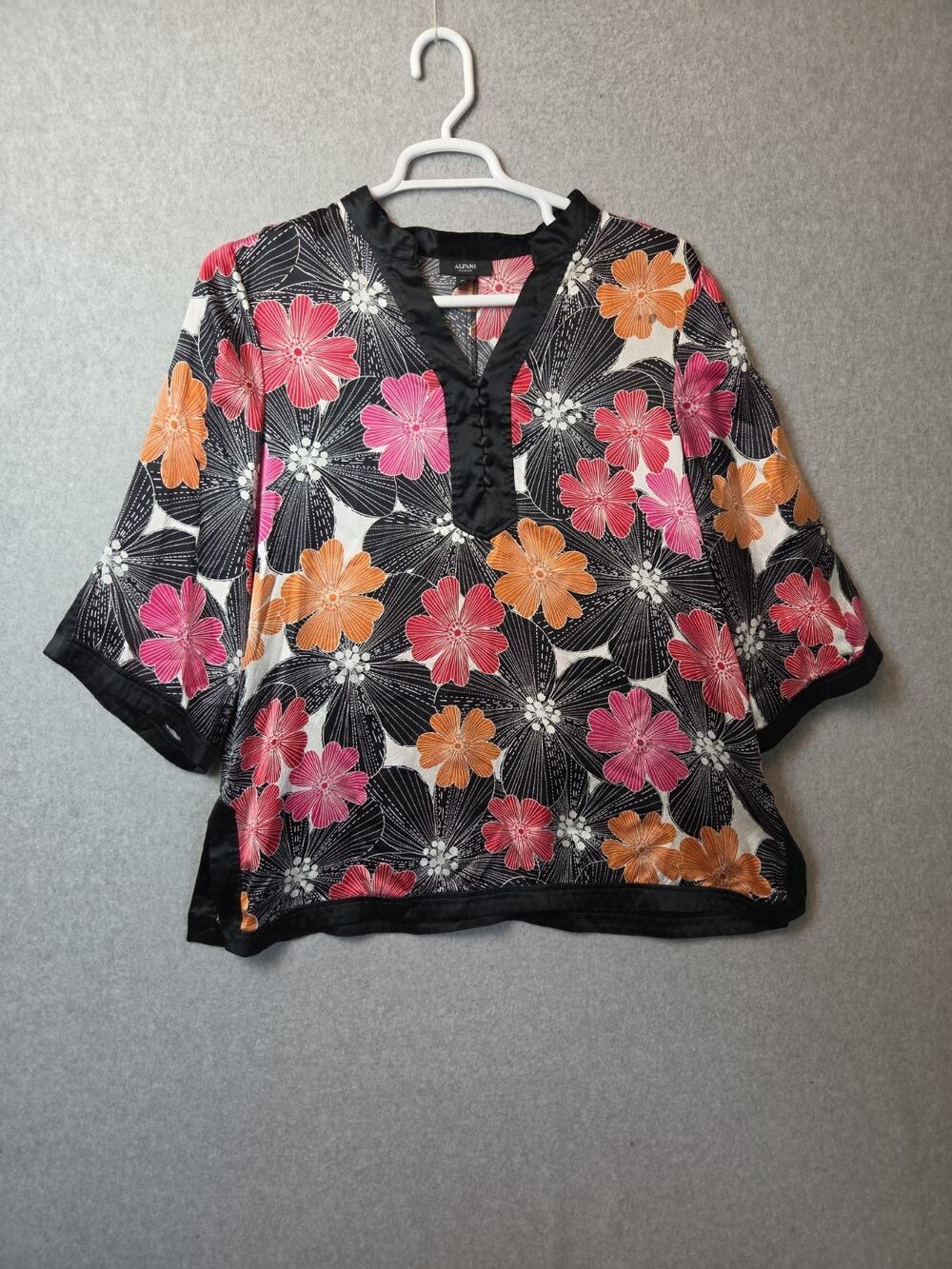 Alfani 100% Silk Colorful Floral 3/4 Sleeve Kimono Tunic Blouse Women Plus 18W
